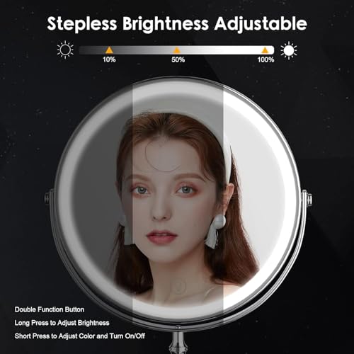 Lighted Makeup Mirror, 3000 mAh Rechargeable Double Sided Magnifying Vanity Mirror with 3 Colors, 1x/10x, 360° Rotation , Brightness Adjustable Magnification Cosmetic Light up Mirror, Women Gift