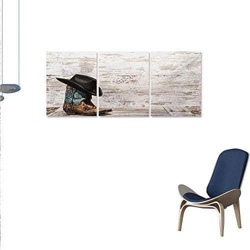 WinfreyDecor Western Canvas Wall Art Set Traditional Rodeo Cowboy Hat and Cowgirl Boots Retro Grunge Background Art Photo Wall Stickers 24"x36"x3pcs Brown Black