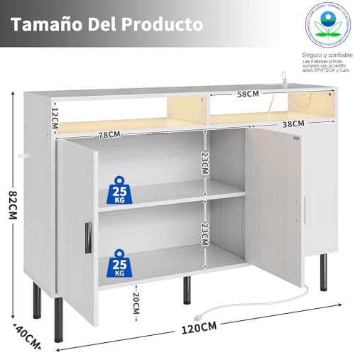 SIMPLE ESPACIO Mueble bufetera con tomacorriente, credenza bufetera,con luz LED,alacenas flotantes para Cocina, con Dos estantes Ajustables de Gran Espacio de Almacenamiento (Blanco, 1,2 Millones)