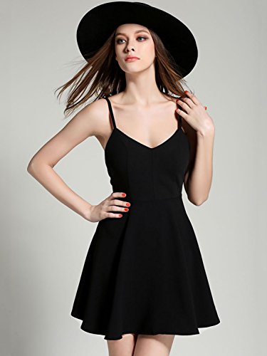 PERSUN Women's Black Skater Dress Plunge V-Neck Angel Wing Open Back Party Beach Mini Sundress,Small - Thumbnail 2