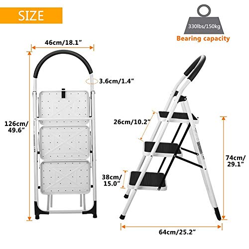 3 Step Stool, Gimify Folding Step Ladder Steel Stepladders (Upgraded Version) Non-Slip Sturdy Steps Wide Pedal with Comfortable Hand Grip for Home Kitchen Garden Office 330 lbs