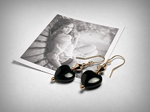 Genuine black onyx earrings, with Swarovski crystal elements, in 14K rose gold filled. Heart shaped dangle earrings.