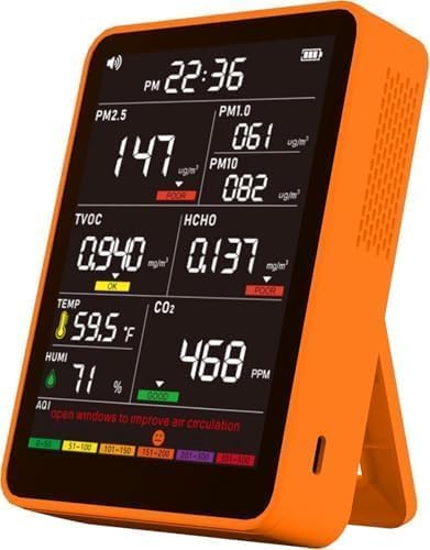 Photo 1 of Professional Indoor Air Quality Monitor with AQI Beep Alarms, Portable Real-Time Detector for Home Cars Plants and Pets (Orange)