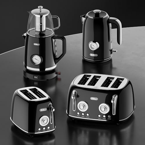 Feller Germany, Retro Style 1.7L Kettle with Thermometer, 2200 W, Stainless Steel Body, STRIX Controller, Dry Boil & Automatic Switch-Off, EK200, 2Y Guarantee-UAE Version (Black)