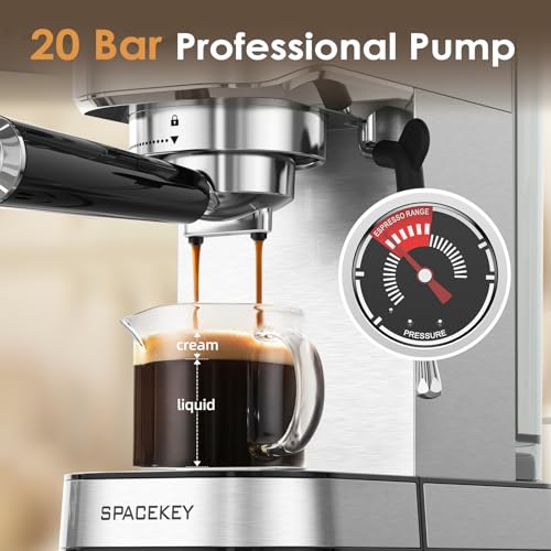 Spacekey Espresso Machine with Milk Frother, 20 Bar Compact Expresso Coffee Machines for Home, Stainless Steel Espresso Maker with 39oz Removable Water Tank for Cappuccino Latte, Fast Heating, Silver