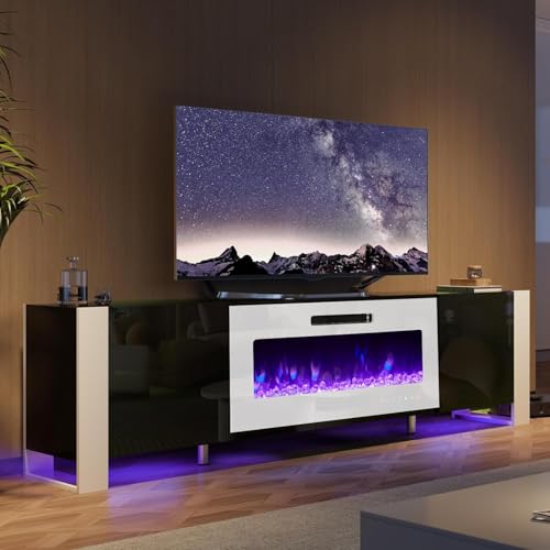 Jocisland 70" Fireplace TV Stand with 36" Electric Fireplace, Entertainment Center with High Gloss Doors & LED Lights, Modern Entertainment Stand for TVs up to 80", Black&White