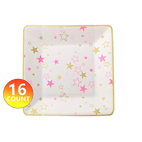 Vland Party Square Plates by Pink Star pattern – Disposable Eco-friendly Durable Paper Tableware for Dinner - Fancy Design for Birthday Party, Baby Shower, Celebration and Wedding - Pack of 16