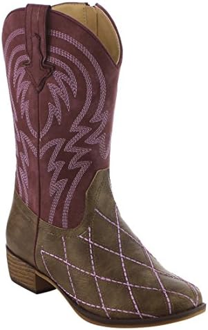 BETANI Ebony-4 Girl's Kids Western Embroidered Mid Calf Cowgirl Block Heel Boots,Burgundy 04,4