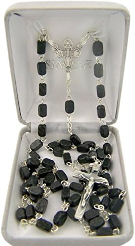 Catholic Black Square Wood Prayer Bead Rosary Necklace with 4 Way Cross Centerpiece, 24 Inch