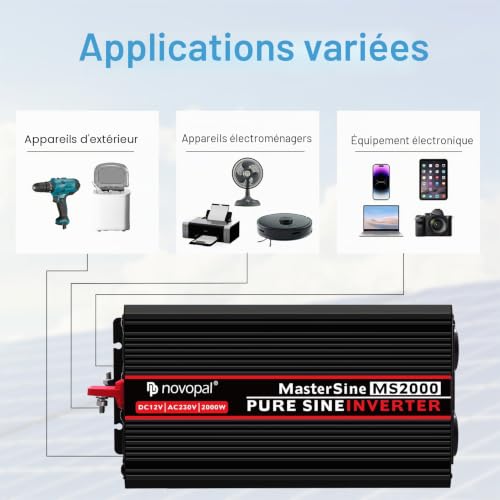 NOVOPAL Pure Sine Converter 2000W-DC 12V to AC 220V/230V Inverter - 2 AC EU Plug and 1 USB Remote Control Port with INCL. 5m