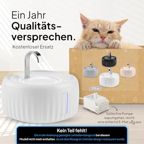 PrettyPaw Cat Fountain - Super Quiet, BPA-Free 3L Drinking Fountain for Cats with LED and Activated Carbon Filter - Easy to Clean Cat Drinking Fountain - Aqua Flow (White)