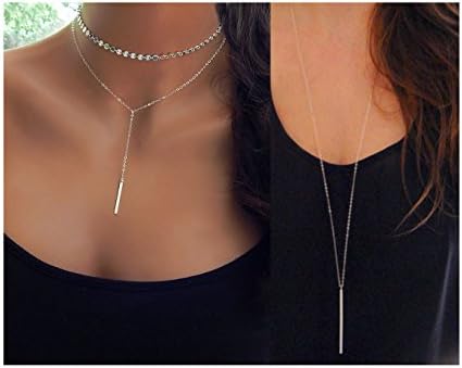 Silver Y Layered Sequins Disc Choker Necklace Bar Pendant Thin Long Chain Necklace for Women Jewelry