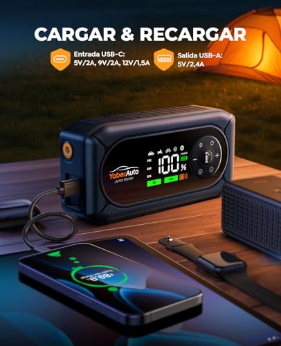 Car Battery Jump Starter with Air Compressor, 6000A YaberAuto Portable Car Jump Starter (9.0L Gas/8.0L Diesel) with 150PSI Inflator, Insulated Gloves, Large Screen and LED Flashlight