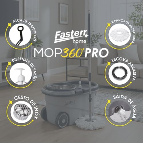 Mop Giratório 360º Fasterr FST104 Cesto em Inox 14L | Cabo Regulável até 160cm | Kit com Escova Abrasiva e Dispenser de Sabão | Limpeza Doméstica e Comercial