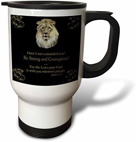 Modern Travel Mug for Men Joshua 1 Vs 9 Be Strong And Courageous Lion Gold Black Stainless Steel Coffee Tea Travel Mug Cup 14oz Large Mug Gift for Office