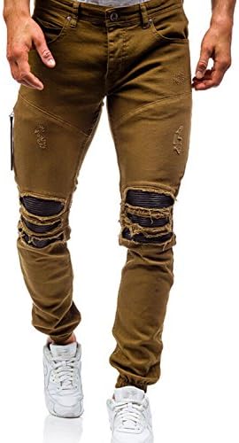Men's Biker Skinny Distressed Ripped Slim Washed Denim Jeans (32, A156-khaki)