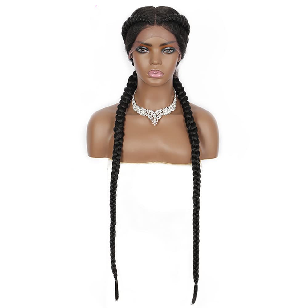 Xiweiya 2x Twist Braids Hand-Braided Synthetic Lace Front Box Braided Wig With Baby Hair for Women - Dutch Braids, Black, Long Cornrow Style โ image 1