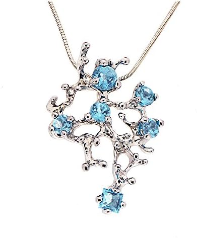 Sterling Silver, Natural faceted Swiss Blue Topaz gemstones, Coral Reef Organic Statement Pendant Necklace