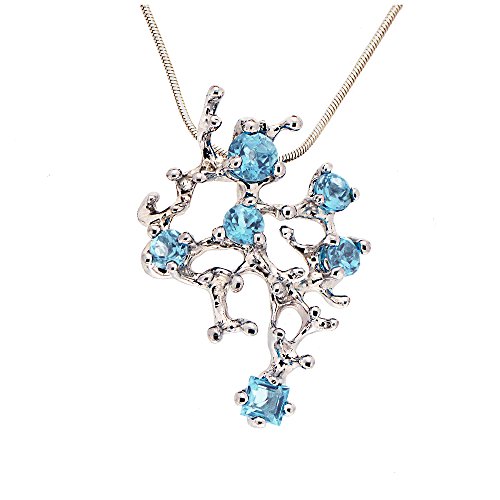 Sterling Silver, Natural faceted Swiss Blue Topaz gemstones, Coral Reef Organic Statement Pendant Necklace