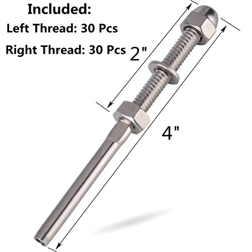 Senmit Threaded Stud Tension End Fitting Terminal, 1/8" Stainless Steel Cable Railing, Cable Deck Railing Hand Swage T316 Marine Grade 60 Pack