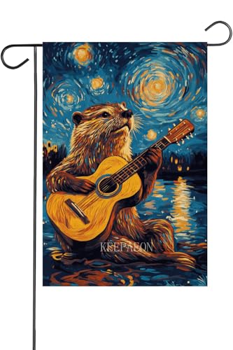 KEEPAEON 12x18 Inch Burlap Garden Flag - Oil Painting Style Guitar Playing Otter Yard Flag, for Outdoor Yard, Patio, and Garden Decoration (13000) at Amazon