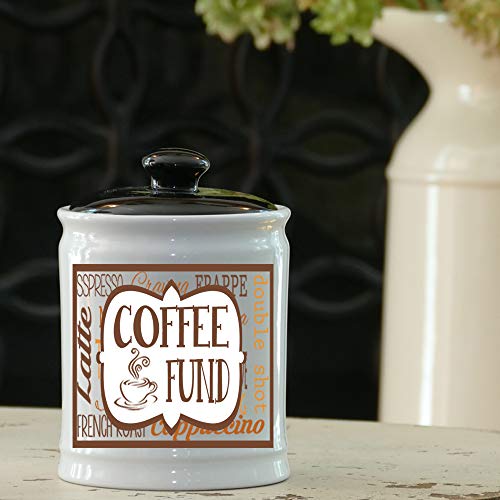 Tumbleweed - Coffee Fund - White Round Ceramic Piggy Bank Jar With Black Lid - Coffee Gifts