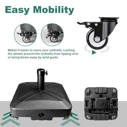 Umbrella Base with Wheels, Market Umbrella Stand for Outdoor Patio Deck Poolside Garden, 35kg Capacity, 48 * 48 * 39Cm Black