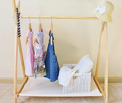 Clothing Rack, Nursery Decor, Dress Up Station, Kids Clothing Storage, FOLDS UP, 40x38 inch Tall Wooden Rack with Canvas Storage Shelf - Thumbnail 3