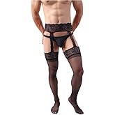 Sexy Mens Lace Thigh High Suspender Over Knee Long Pantyhose Tights Stockings Sissy with Garter Belt