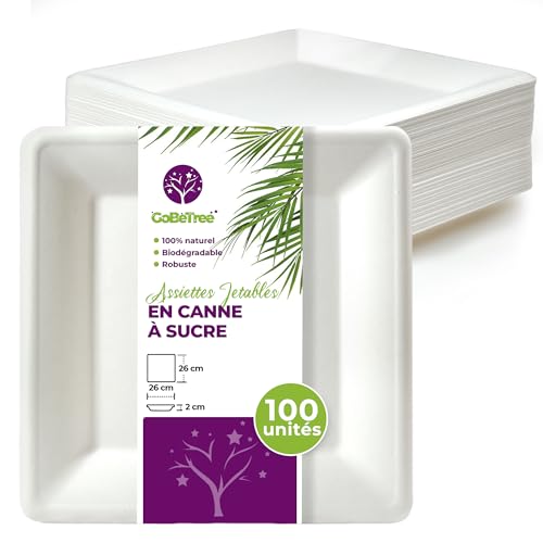 GoBeTree 100 x 26cm White Sugarcane Square Disposable Paper Plates Extra Durable Disposable Paper Plates for Camping, Picnics, Parties, BBQs, Birthdays