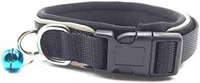 Niubow Reflective Neoprene Padded Nylon Dog Collar with Bell, Adjustable, Easy &amp; Quick-Release Buckle (Small, Black)