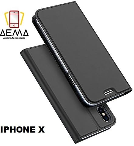 AEMA(TM) Premium Slim Thin(GREY) Leather DUX DUCIS PU Flip case With Stand Kickstand Card Holster Magnetic Closure Clear TPU Sleep wake up Cover Wallet case for APPLE IPHONE X GREY