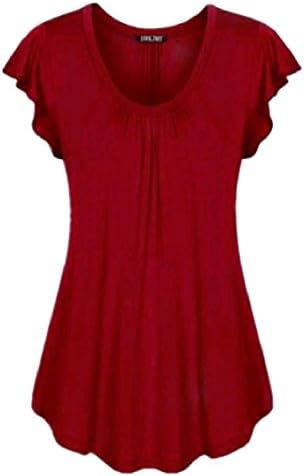 Mirror Womens Round Neck Plus Size Short Sleeve Frill T-Shirt Top Tunic Blouses Wine Red 3XL