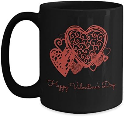 Happy Valentine's Day red hearts ceramic coffee mugs tea cup gifts for men women him / her black (15 oz.)