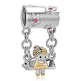PugsterJewelry 22k Gold Rose Pink Crystal Cute Mother's Girl Sitting On Swings Bead Fits Pandora Charm Bracelet