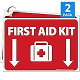First Aid Kit Sign, (2 Pack) Sticker, 10x7 Inches, 4 Mil Vinyl Self Adhesive Durable Decal Stickers, Long Lasting, Weatherproof and UV Protected, Made in USA by SIGO SIGNS