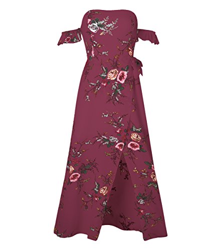 Poptem Womens Summer Maxi Beach Wedding Dress Off Shoulder Ruffles Floral Casual High Waist Flowy Split Sundresses(Red S)