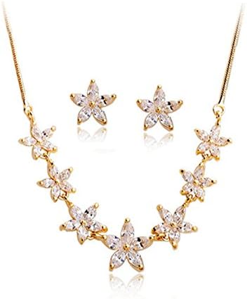 SiBeXu Flower Star Earring studs with Pendant Necklace of 18k Rose Gold Plated Inaly White Cubic Zircon Wedding Engagement Bridal Jewelry Sets (White)