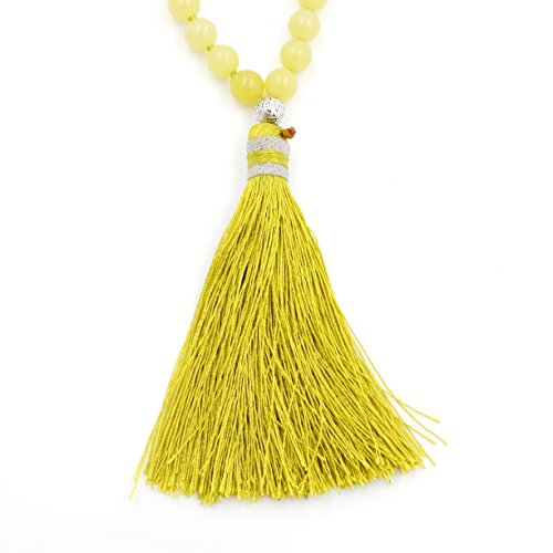 Mala Beads Necklace, Gemstone Mala Bracelet, Buddhist Prayer Beads Necklace, Tassel Necklace, Knotted Necklace (Lemon Jade)