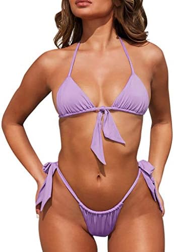 Mikilon Women's Thong Triangle Bikini Set Halter Side Tie Micro Swimsuit