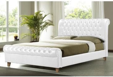 Time Living Richmond-Chesterfield Bed In White - Double | Brass Footrest