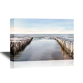 Watercolor Style Canvas Wall Art with Blue Sky - Sea and Breakwater - Gallery Wrap Modern Home Art | Ready to Hang - 12x18 inches