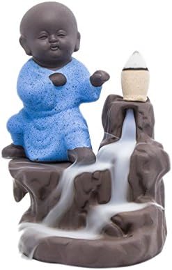 Incense Burner Holder Backflow Tower Cones Sticks Ceramic Porcelain Buddha Monk Ash Catcher- Blue