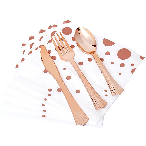 TBwisher Gold Plastic Disposable Flatware Silverware Set Disposable Tableware Cutlery - 60 Paper Napkin 60 Forks 60 Spoons and 60 Knives Combo 240 Party Supplies (Rose gold)
