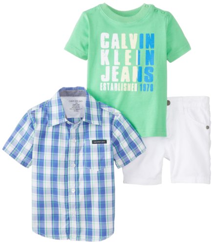 Calvin Klein Baby-Boys Infant Plaid Shirt with Green Tee and Shorts, Blue, 12 Months