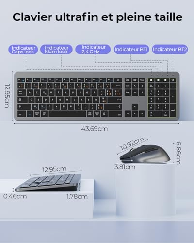 seenda COE300 Wireless Bluetooth AZERTY Keyboard Mouse | Multi-Device Connection, Quiet, Ultra-Thin Keyboard, Mouse 4 Levels DPI, Compatible with Windows/Mac OS/iPad/Android