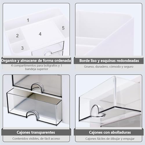 Rantuia Porta Lapices de Escritorio, con 5 Particiones y 2 Cajones Transparentes, Organizador de Escritorio Universal, Cajón Transparente para Fácil Acceso. (Blanco)