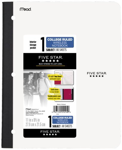 Five Star Bound Notebook with Pocket, 1 Subject, College Ruled Paper, 80 Sheets, 11" x 8-1/2", Color Selected For You, 1 Count (09294)
