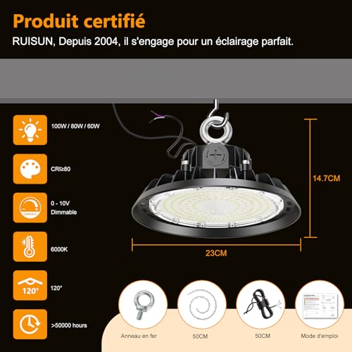 RUISUN 4 Pack UFO 100W LED High Bay Projector Garage Light 17000LM LED Lighting for Workshop Dimmable 60W/80W/100W Industrial Lighting Lamp IP65 Waterproof Ceiling 120° for Workshop Warehouse