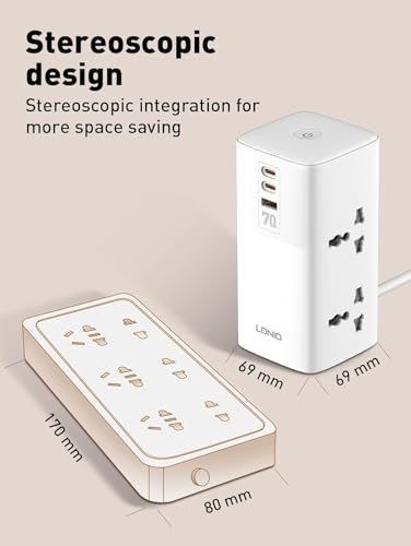 1 year warranty - LDNIO 70W Extension Cord Power Strip for Home & Office, 7-in-1 Charging Station with USB & 2 Type-C Ports, 4 Universal Outlets – Includes
